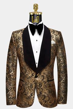 Black and Gold Paisley Tuxedo Jacket | Gentleman's Guru Black And Gold Jacket Men, Black And Gold Suit Men Wedding, Black Gold Suit Men, Black And Gold Wedding Party Attire, Gold Tuxedo For Men, Gold Tuxedo Wedding, Gold Suit Men Wedding, Black And Gold Outfit Men, Gold Groom Suit