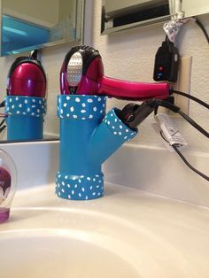 an instagramted photo of some items on a bathroom sink with blue and white polka dots