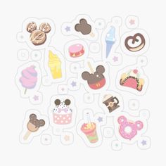 mickey mouse stickers are arranged on top of each other, including donuts and cupcakes