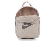 Durable polyester construction,9 1/2 inch H x 8 1/4 inch W x 3 1/2 inch D, Adjustable straps, Large main compartment, Small front pocket, Two open side pockets, Nike branding details | Nike NSW Futura 365 Mini Backpack in Fossil/Plum Small Backpack For School, Mochila Nike, Cute Stationary School Supplies, Nike Backpack, Aesthetic Backpack, Nike Branding, Nike Bags, Stationary School, Cute Stationary