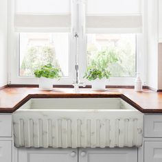 a white kitchen sink sitting under a window next to a window sill with potted plants on it