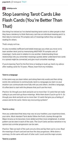 the text reads stop learning tarot cards like flash cards you're better than that