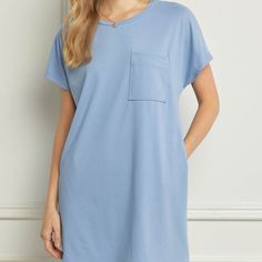 This Dress Will Be At The Top Of Your List Of Faves. This Is A Solid Short Sleeve T-Shirt Dress Featuring A Pocket At Bust And Pockets At Sides. Unlined. Knit. Non-Sheer. Lightweight. Blue Casual T-shirt Dress For Spring, Casual Blue T-shirt Dress For Spring, Light Blue Short Sleeve Sleep Tops, Spring Sleep T-shirt With Short Sleeves, Spring Casual Sleep T-shirt, Cotton Crew Neck Sleep Dress, Blue Short Sleeve T-shirt Dress For Spring, Blue Short Sleeve Cotton T-shirt Dress, Light Blue Cotton Lounge Dress