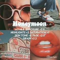 a collage of photos with the words honeymoon on them and an image of a woman's lips