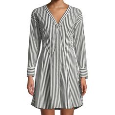 Nwt- Theory Darted Shirtdress With Grey And White Stripes. The Tag Says "Black/Off-White? But The Stripes Are Clearly Grey. - Theory "Bryson" Stripe Darted Dress. - V Neckline; Button Front. - Long Sleeves; Button Cuffs. - A-Line Silhouette. - Slipover Style. - Mini Length. - Cotton/Nylon/Spandex Self. - Imported Of Italian Material. Classic V-neck Mini Dress For Daywear, Striped Fitted V-neck Shirt Dress, Fitted Striped V-neck Shirt Dress, Striped V-neck Fitted Shirt Dress, Striped Long Sleeve Mini Dress For Daywear, Chic Daytime Collared Dresses, Chic Daytime Dress With Collar, Classic White V-neck Shirt Dress, Striped V-neck Shirt Dress For Daywear