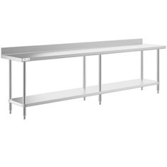 a stainless steel table with two shelves on each side and one shelf below it, against a white background