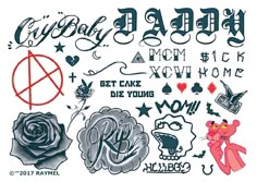 an assortment of tattoos and stickers on a white background with the words girl baby written in red