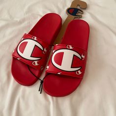 Brand New. Never Worn. Champion Slides. Scarlet Red. Bundle With Other Champion Cap & T Shirt Or Caps For 15% Discount. Champion Slides, Champion Shoes, Slides Sandals, Flip Flop Sandals, Scarlet, Spring Outfits, Flip Flops, Slides, Slippers