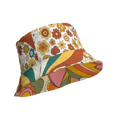 Be the life of the party with this 70s Retro Sunshine Mid Century Modern Hippie, Orange, Yellow Reversible Bucket Hat! Reminiscent of the carefree summer days and bohemian style of the 70's, this go-to hat is custom made and tailored to fit This stylish two-in-one design combines mid century modern vintage florals in a classic burnt orange, green and yellow hues, perfect for any boho wardrobe. Crafted from moisture-wicking and breathable fabric, it has a linen feel that's sure to keep you cool d Trendy Hats For Spring Music Festival, Spring Music Festival Sun Hat With Curved Brim, Adjustable Hats For Spring Music Festival, Vintage Adjustable Hat For Festivals, Adjustable Vintage Hats For Festivals, Adjustable Vintage Hat For Festivals, Hippie Spring Hats Adjustable Fit, Hippie Spring Hats With Adjustable Fit, Wide Brim Hat For Music Festival In Spring