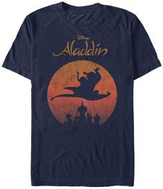 Disney Men Aladdin Jasmine Silhouette Over Agrabah Vintage Short Sleeve T-Shirt Jasmine Silhouette, Aladdin Magic Carpet, Disney Aladdin Genie, Disney Couple, Aladdin Jasmine, Aladdin And Jasmine, Disney Lion King, Disney Men, Flying High