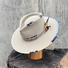 City Slicker Fedora in Beige with Feather Blue Patchwork And Band – sweetearing Custom Fedora, Clothes Embroidery, Tuxedo Accessories, Pork Pie Hat, Hat Bands, City Slickers, Felt Cowboy Hats, Trilby Hat, Feather Hat