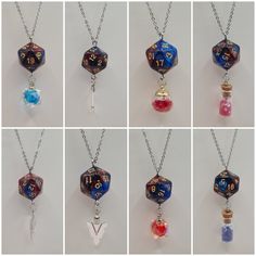 D20 necklaces with different styles on a silver stainless steel chain. Silver Chain Metal Charm Necklace As Gift, Blue Metal Charm Necklace With Adjustable Chain, Blue Personalized Charm Necklace For Jewelry Making, Personalized Blue Charm Necklaces For Jewelry Making, Unique Silver Chain Necklace For Gift, Blue Metal Charm Necklace With Round Pendant, Blue Metal Necklace With Charms, Blue Stainless Steel Necklace For Gift, Blue Stainless Steel Necklace Ideal For Gift