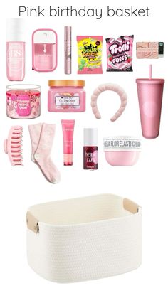 the contents of a pink birthday basket are arranged on a white background with text overlay