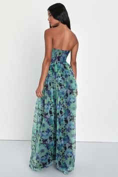 Green Floral Maxi - Organza Floral Maxi - Poofy Floral Gown - Lulus Floral Print Gowns, Maxi Dress Floral, Strapless Bustier, Tall People, Printed Gowns, Lulu Fashion, Floral Gown, Green Floral Print, Adhesive Bra