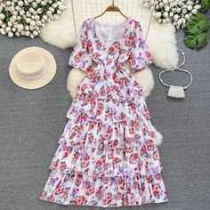 Olivia Mark - Elegant Maxi Dress with Short Sleeves, Square Neckline, Cinched Waist, and Floral Chiffon Fabric Terry Cloth Dress, Short Maxi Dress, Dress With Short Sleeves, Elegant Maxi Dress, Jumpsuit Pattern, Home Dress, Floral Chiffon, Square Necklines, Types Of Skirts