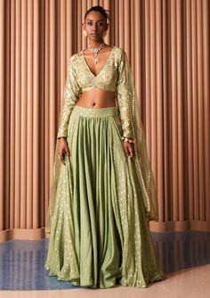 Rishi & Vibhuti-Mint Green Sheer Swift Lehenga Set-INDIASPOPUP.COM Chanderi Lehenga, Blouse Lehenga, Mehndi Outfits, Green Lehenga, Net Lehenga, Sequin Embroidery, Embellished Blouse, Wedding Lehenga, Indian Fashion Designers