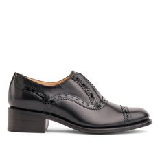 Women's Slip-On. Black Italian polished leather. 1.5" (38mm) heel. Leather sole. Soft leather lining. Cork midsole that shapes to your foot. This shoe can be resoled. Handcrafted in Portugal. Womens Oxfords Shoes, Women Oxford Shoes, Fabulous Clothes, Goodyear Welt, Black Patent Leather, Womens Oxfords, Leather Heels, Patent Leather, Soft Leather