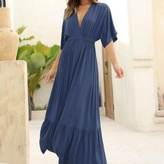 The Short Sleeve Maxi Dress Is Made Out Of 95% Rayon 5% Spandex (Very Soft!), Comfy, And Not See Through. It's Flowy, Features A Plunging V Neckline, Short Sleeves, Maxi Floor Length, High And Elastic Waist. Size M (Us). New With Tags, Never Worn. Waist: 28.8in Hip: 50.4in Sleeve Length: 15.6in Cuff: 11.2in Hem Length: 47.6in Stretch Solid Color Maxi Dress For Beach, Blue Solid Color Maxi Dress For Beach, Blue Solid Color Beach Maxi Dress, Blue Short Sleeve Stretch Maxi Dress, Blue Rayon Short Sleeve Maxi Dress, Blue Solid Color Midi Beach Dress, Blue Solid Color Midi Dress For Beach, Blue Rayon Maxi Dress With Short Sleeves, Solid Rayon Maxi Dress For The Beach