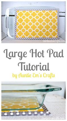 the large hot pad is made from glass and has yellow fabric on it's edge