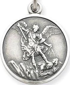 Saint Michael Sterling Silver Religious Medal Pendant on 18" sterling silver rolo chain, features a strong lobster claw clasp. Height 0.98" with the bale. Diameter of the medal is 0.75". This is a new charm. Hallmarked sterling at the reverse. Saint Michael the Archangel is the patron saint of soldiers, police officers and sailors. Coin Pendant Charms As Gift, Coin Pendant Charms For Gifts, Coin Pendant Round Charms For Gift, Round Coin Pendant Charms As Gifts, Nickel Free Medallion Charms For Gifts, Nickel-free Medallion Charms For Gift, Sterling Silver Charms With Lobster Clasp, Silver Engraved Round Pendant Charms, Sterling Silver Round Pendant Charm With Lobster Clasp