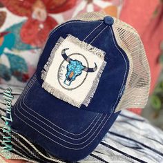 Rodeo Rebel Turquoise Skull Navy Trucker Hat Caps Bolero Hat, Upcycle Clothes Diy, Hat Patches, Bull Skulls, Best Graphics, Cute Hats, Skull Print, Ball Cap, Upcycle Clothes