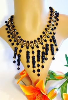 Beautiful Art Deco Egyptian Revival Carved Black Agate Black Crystal Gold Brass Vintage Festoon Bib Necklace Art Deco Jewelry Antique Black Handmade Necklace, Antique Handmade Black Necklace, Handmade Antique Black Necklace, Vintage Black Beads Necklace For Evening, Vintage Black Bead Necklaces For Evening, Vintage Black Beaded Necklace For Evening, Vintage Black Necklace For Evening, Vintage Black Necklaces For Evening, Antique Black Necklace For Party