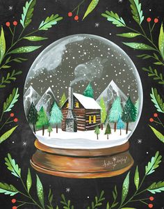 a painting of a snow globe with a cabin in the background and evergreens around it