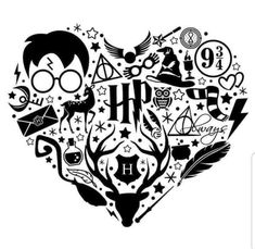 harry potter's heart with hogwarts symbols and other things in the shape of it