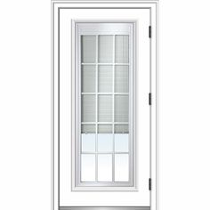 an open white door with blinds on the side and window panes in the front