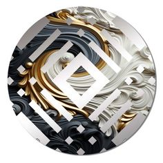 an abstract design in white and gold on a round metal plate with black, white, and gold accents