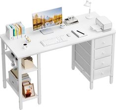 Amazon.com: Lufeiya White Computer Desk with Drawers & Storage Shelves, 47 Inch Study Work Writing Desk for Home Office Bedroom, Simple Modern Cute PC Desks Table, White : Home & Kitchen White Desk With Drawers, Small White Desk, Computer Desk With Drawers, White Computer Desk, Desk For Home Office, School Desks, Pc Desk, Bedroom Desk, Home Office Bedroom