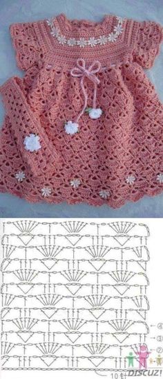 a crocheted baby dress with flowers on the front and side, in pink