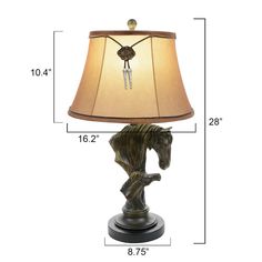 the horse lamp has a brown shade on it's head and is shown with measurements for