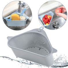 the sink drainer is being used to wash fruits and vegetables