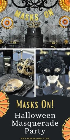 masks on halloween masquerade party with black and gold decorations, candles and plates