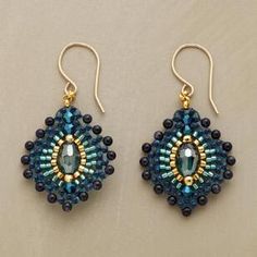 two pairs of beaded earrings with blue and green beads hanging from gold earwires