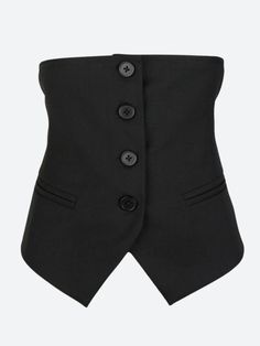 This corset top features a sophisticated button-up design and a flattering underbust cut, perfect for accentuating your silhouette. The structured fit and sleek black fabric add a touch of drama, making it an ideal choice for both formal and edgy looks. Pair it with your favorite skirt or trousers for a standout ensemble. Office siren style Button fastening at front Asymmetric hem Adjustable bandage at back Fake pockets Cotton Siren Style, Edgy Looks, Crop Pullover, Office Siren, Patchwork Jeans, Underbust Corset, Corset Top, Asymmetric Hem, Black Fabric