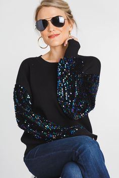 Sequin Sleeve Sweater, Black :: NEW ARRIVALS :: The Blue Door Boutique Cheap Glitter Print Crew Neck Tops, Luxury Black Sweater For Party, Jewel Colored Sweater, Asymmetrical Sweater Sequin Strap, Affordable Casual Party Sweater, Luxury Sequined Tops For Winter, Black Sparkly Cowlneck Sweater, Blue Glitter Sweater, Luxury Black Party Sweater