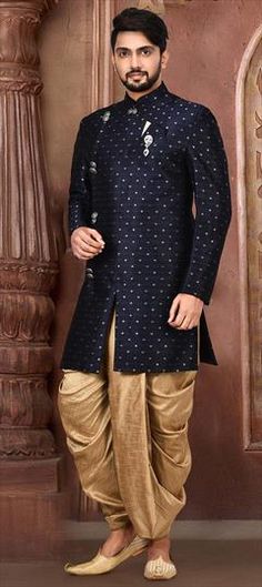 Blue color IndoWestern Dress in Cotton fabric with Broches, Zari work Sharvani For Men Wedding, Royal Blue Sherwani, Tamil Groom, Dhoti Sherwani, Kids Saree, Indo Western For Men, Blue Sherwani, Sherwani For Men Wedding, Wedding Dresses Men Indian