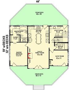 a floor plan for a small cabin with two bedroom and an attached garage area,