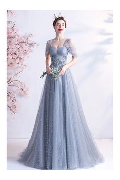 Blue Tulle Dress With Short Sleeves, Light Blue Short Sleeve Banquet Dress, Light Blue Short Sleeve Dress For Banquet, Blue Short Sleeve Prom Gown, Short Sleeve Blue Evening Gown, Blue Short Sleeve Evening Gown, Prom Dress Off The Shoulder, Lace Capelet, Tulle Long Prom Dress