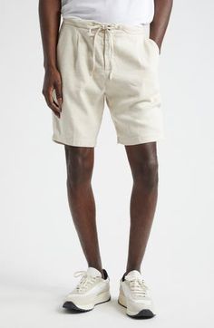 Front pleats lend a tailored effect to these drawstring-waist shorts cut from stretchy jersey knit from a breathable blend of linen and cotton. 7" inseam; 20" leg opening; 11" front rise; 15" back rise (size 48EU) Drawstring waist; zip fly with button closure Side-seam pockets 55% linen, 44% cotton, 1% elastane Machine wash, dry flat Made in Italy Designer Clothing Leisure Bermuda Bottoms For Spring, Spring Bermuda Leisure Bottoms, Bermuda Bottoms For Spring Leisure, Spring Bermuda Bottoms With Drawstring, Spring Linen Leisure Bottoms, Summer Bottoms With Drawstring And Short Inseam, Summer Drawstring Bottoms With Short Inseam, Summer Drawstring Bottoms, Beige Relaxed Fit Shorts For Leisure