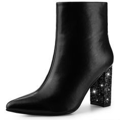 A must-have in every girl’s closet! Hustle back to the 90s millennials in this sparkly glitter-heel pointed-toe boot which is the perfect wardrobe staple. These ankle boots are perfect for dating, parties, and daily wear. The sparkly glitter heels make you stand out in the crowd effortlessly. Made with great material, these boots are breathable and durable. The pointy-toe design makes it look more elegant. Back To The 90s, Glitter Fashion, Skirt Heels, Chunky Heel Ankle Boots, Sparkly Heels, Glitter Heels, Ankle Boots Black, Pointed Toe Boots, Chunky High Heels