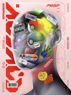 the back cover of an album with various stickers on it's face and head