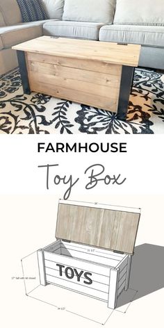 a toy box sitting on top of a rug next to a couch with the words farmhouse toy box