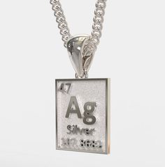 ★ Silver (Ag) Symbol Element Pendant ★ Handcrafted Silver (Ag) Symbol Element pendant/necklace for Men and Women. * Materials/Finishes ➤ Silver 925 (Sterling Silver) * Dimensions ➤ ~ 3.4 x 2.5 x 0.2 cm (~ 1.3 x 1.0 x 0.1 inches)/Bail: Suitable for up to ~ 4.5 mm (~ 0.18 inches) Chain * Weight: ~ 14 grams (in Silver 925) ----------------------------------------------------------------------------- IMPORTANT NOTES: ----------------------------------------------------------------------------- ➤ Whe Cadmium-free Classic Silver Jewelry, Element Symbols, Symbol Necklace, Precious Jewels, Sterling Silver Mens, Stainless Steel Chain, Men Necklace, Handmade Silver, Silver 925