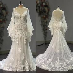 wedding dress with long sleeves on display in front and back views, including the train