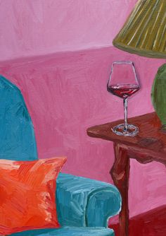 a painting of a chair and table with a glass of wine on it next to a lamp