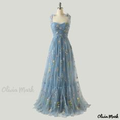 Olivia Mark - Elegant Evening Gown Princess Bridesmaid Dress in Chiffon Tulle Summer Gala Evening Dress With Floral Embroidery, Blue Floral Applique Dress For Gala, Summer Gala Floral Embroidered Evening Dress, Floral Embroidered Evening Dress For Summer Gala, Blue Floral Applique Prom Dress, Blue Evening Dress With Floral Embroidery For Party, Blue Floral Applique Dress For Prom, Blue Floor-length Evening Dress With Floral Embroidery, Blue Floral Embroidery Evening Dress For Party