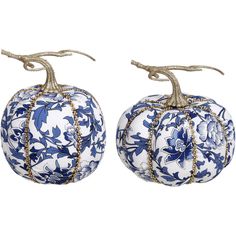 two decorative blue and white pumpkins with handles